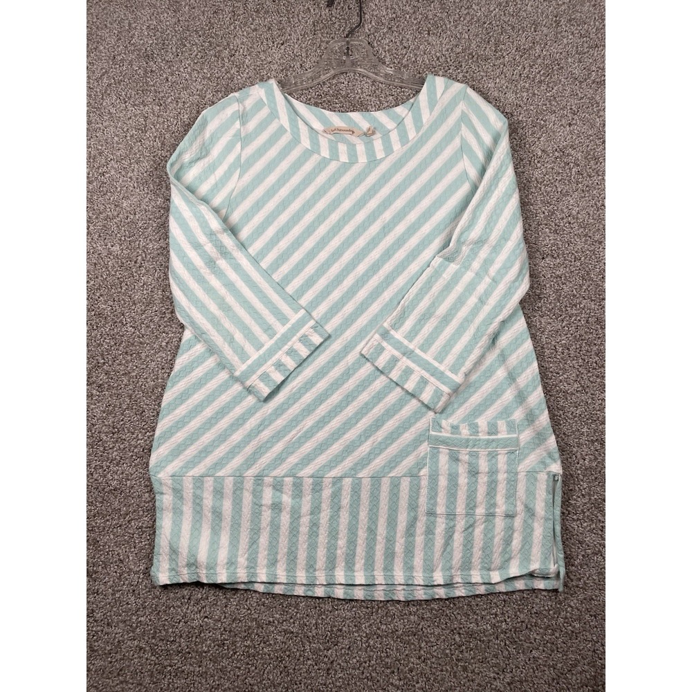 Soft Surroundings Blouse 3/4 Sleeve Cuff Stripe Aqua Core Womens Size Medium